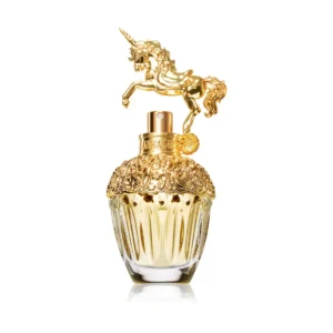 Złoty flakon Anna Sui Fantasia z figurką jednorożca na szczycie.
