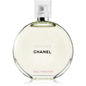 Okrągły flakon Chanel Chance Eau Fraiche 100 ml z jasnozielonym płynem i srebrnym pierścieniem.