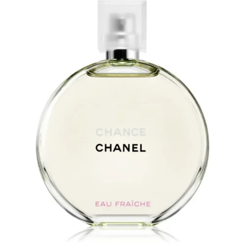 Okrągły flakon Chanel Chance Eau Fraiche 100 ml z jasnozielonym płynem i srebrnym pierścieniem.