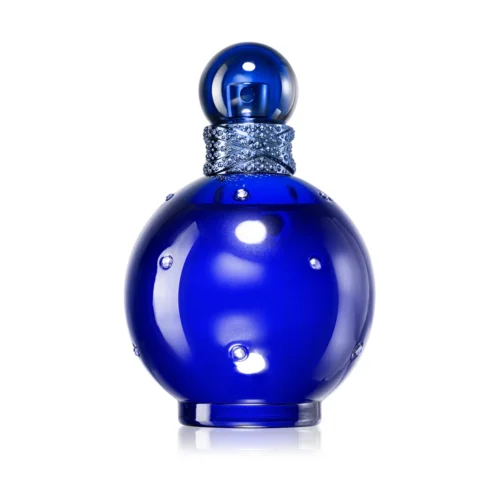 Granatowy flakon Midnight Fantasy zdobiony jasnymi kryształkami przypominającymi gwiazdy.