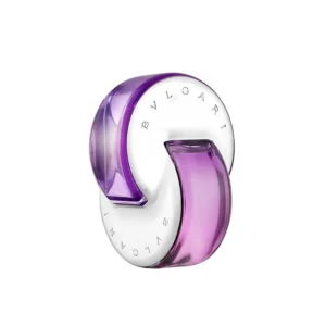 Fioletowy flakon Bvlgari Omnia Amethyste 65 ml w formie charakterystycznych, splecionych pierścieni.