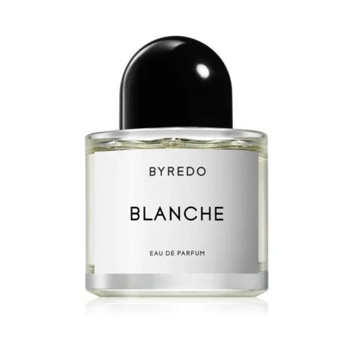 Minimalistyczny flakon Byredo Blanche Eau de Parfum 100ml na jasnym tle.