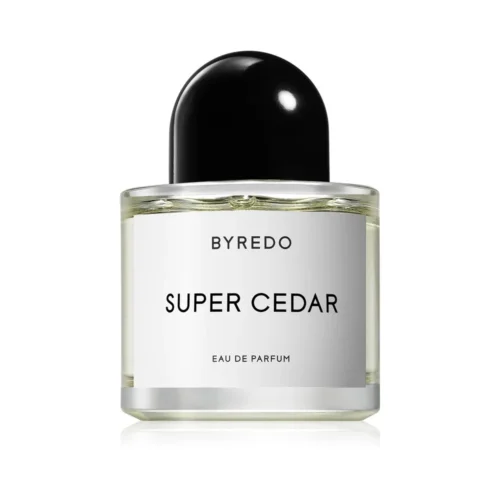 Minimalistyczny flakon Byredo Super Cedar Eau de Parfum 100ml na jasnym tle.