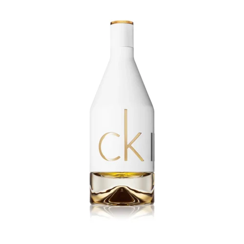 Biało-złoty flakon CK IN2U for Her 100 ml o nowoczesnym, minimalistycznym kształcie.