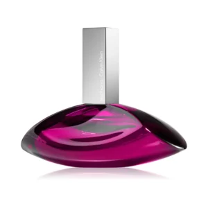 Futurystyczny, srebrzysty flakon Calvin Klein Euphoria 100 ml o fioletowym wnętrzu na ciemnym, eleganckim tle.