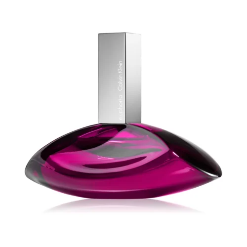 Futurystyczny, srebrzysty flakon Calvin Klein Euphoria 100 ml o fioletowym wnętrzu na ciemnym, eleganckim tle.