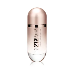 Kultowy, różowo-złoty flakon Carolina Herrera 212 VIP Rosé 80 ml na tle eleganckiego, miejskiego przyjęcia.