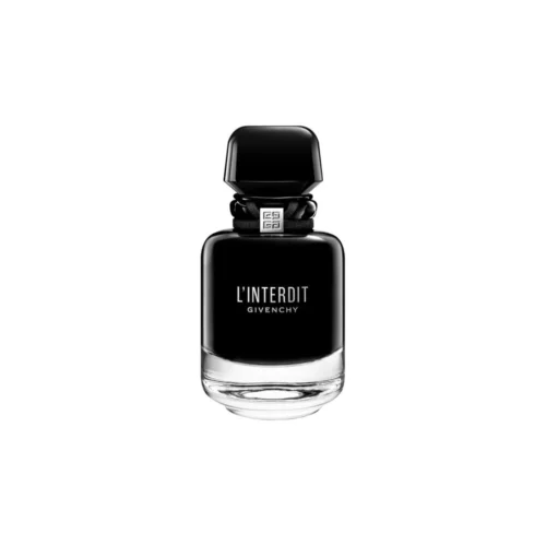 Elegancki, czarny flakon Givenchy L'Interdit Eau de Parfum Intense EDP 80ml na ciemnym tle.