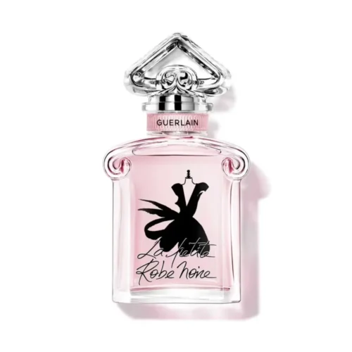 Elegancka prezentacja dwóch flakonów perfum Guerlain La Petite Robe Noire na ozdobnym, pastelowym tle. Po prawej stronie widoczna jest woda toaletowa