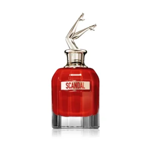 Czerwony flakon Scandal Le Parfum 80 ml ze złotymi nogami na zatyczce.