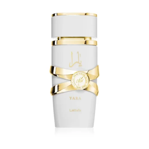 Biały flakon wody perfumowanej Lattafa Yara Moi 100ml ze złotymi zdobieniami.