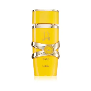 Złoty flakon Lattafa Yara Tours EDP 100ml na stylowym i eleganckim tle.