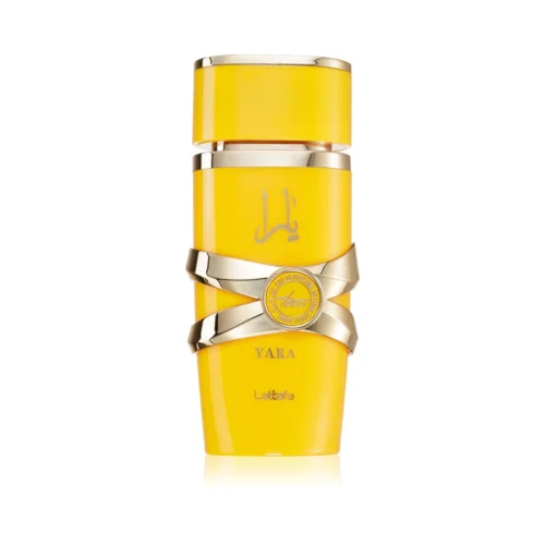 Złoty flakon Lattafa Yara Tours EDP 100ml na stylowym i eleganckim tle.