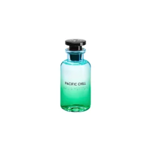 Niebieski flakon Louis Vuitton Pacific Chill EDP 100ml na tle wzburzonego oceanu.