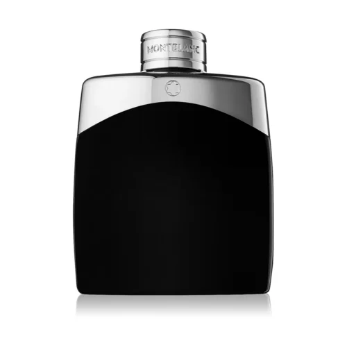 Czarny, metaliczny flakon Montblanc Legend 100 ml o zaokrąglonych kształtach ze srebrnym wykończeniem.