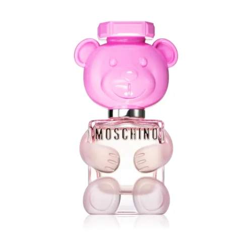 Woda toaletowa Moschino Toy 2 Bubble Gum 100 ml w flakonie w kształcie różowego misia obok pudełek