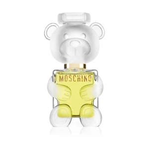 Woda perfumowana Moschino Toy 2 100 ml w flakonie z matowego szkła w kształcie misia obok białego pudełka