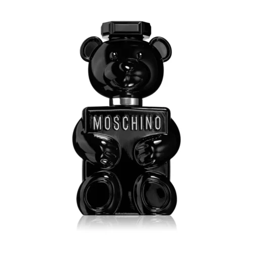 Woda perfumowana Moschino Toy Boy 100 ml w charakterystycznym czarnym flakonie w kształcie misia obok pudełek