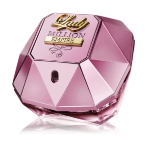 Różowo-złoty flakon w kształcie diamentu Paco Rabanne Lady Million Empire 80 ml na luksusowym, błyszczącym tle.
