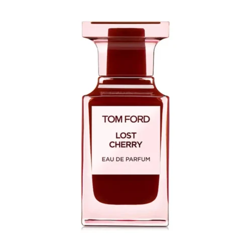 Woda perfumowana Tom Ford Lost Cherry 100 ml w bordowym flakonie obok luksusowych pudełek