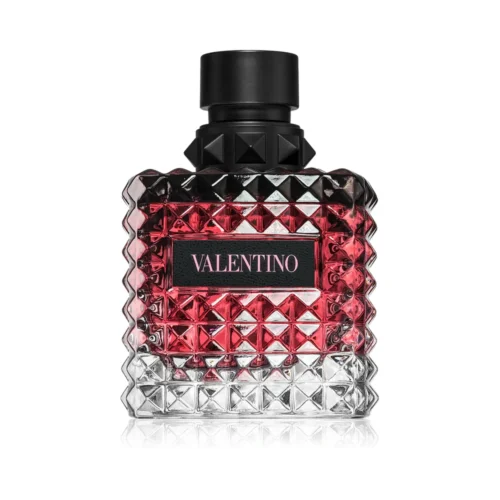 Czarny, ćwiekowany flakon Valentino Donna Born In Roma Intense EDP 100ml na eleganckim tle.
