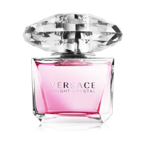 Woda toaletowa Versace Bright Crystal 90 ml flakon z dużym kryształem obok różowego pudełka