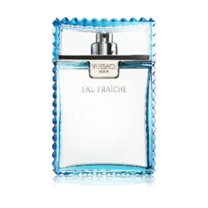 Błękitny, fasetowany flakon Versace Man Eau Fraîche 100 ml na tle lazurowej wody basenu.