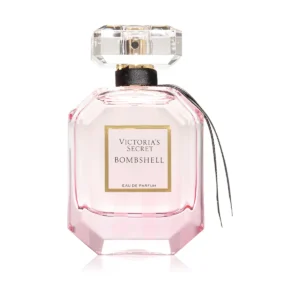 Różowy flakon w paski Victoria's Secret Bombshell 100 ml z czarną wstążką przy korku.